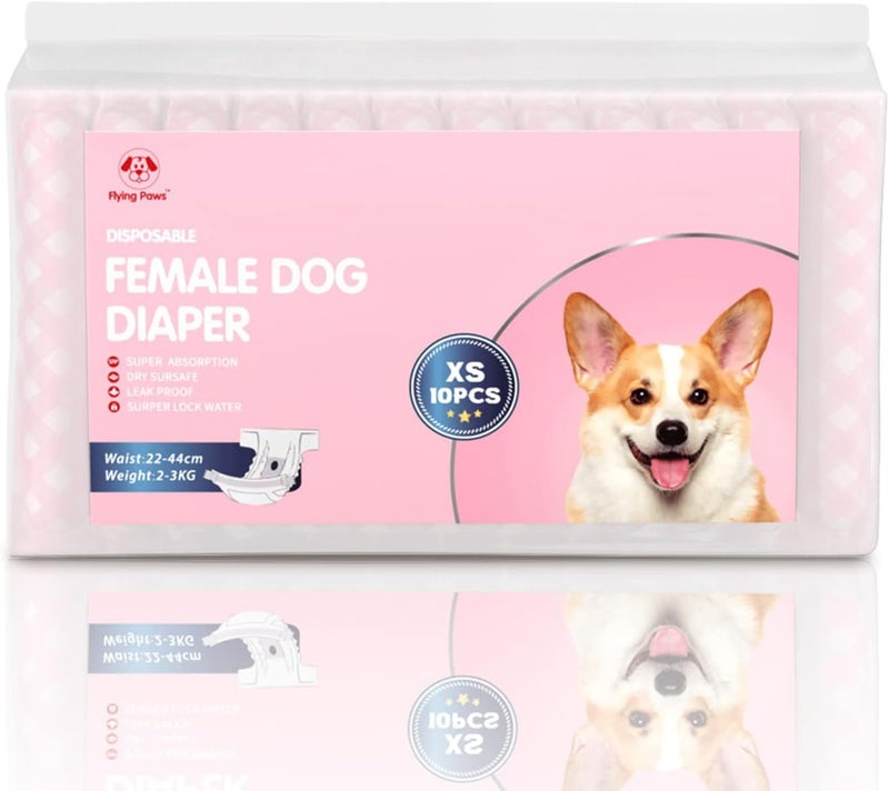 Flying Paws Disposable Female Dog Diapers, Puppy Diapers with Adjustable Elastic Waistline for Female Dog or Cat in Heat,Incontinence, Diaper with Wetness Indicator, XS-10 Count - Image 2
